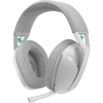 White over-ear headset with gray padded cushions and adjustable headband, microphone boom attached to left earcup. (Wired)