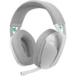 White over-ear headset with gray padded cushions and adjustable headband, microphone boom attached to left earcup. (Wired)
