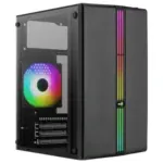 Black mid-tower PC case with a transparent side panel showing an RGB-lit rear fan and visible components inside.