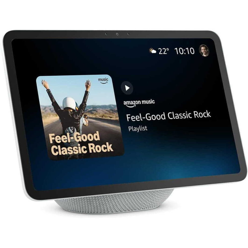 Smart Echo Show display showing the 'Feel-Good Classic Rock' playlist cover and title on a dark gradient background.