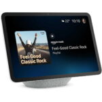 Smart Echo Show display showing the 'Feel-Good Classic Rock' playlist cover and title on a dark gradient background.