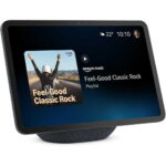 Smart display showing the Amazon Music playlist 'Feel-Good Classic Rock' with its cover art on screen.