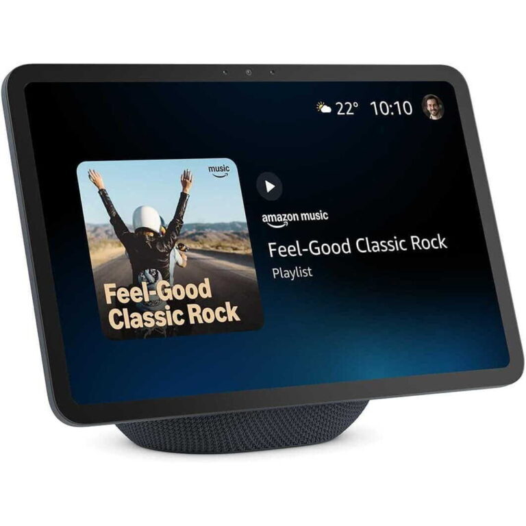 Smart display showing the Amazon Music playlist 'Feel-Good Classic Rock' with its cover art on screen.