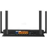 Wi‑Fi router viewed from the back showing four Ethernet ports, USB port, power, and on/off switch with two external antennas