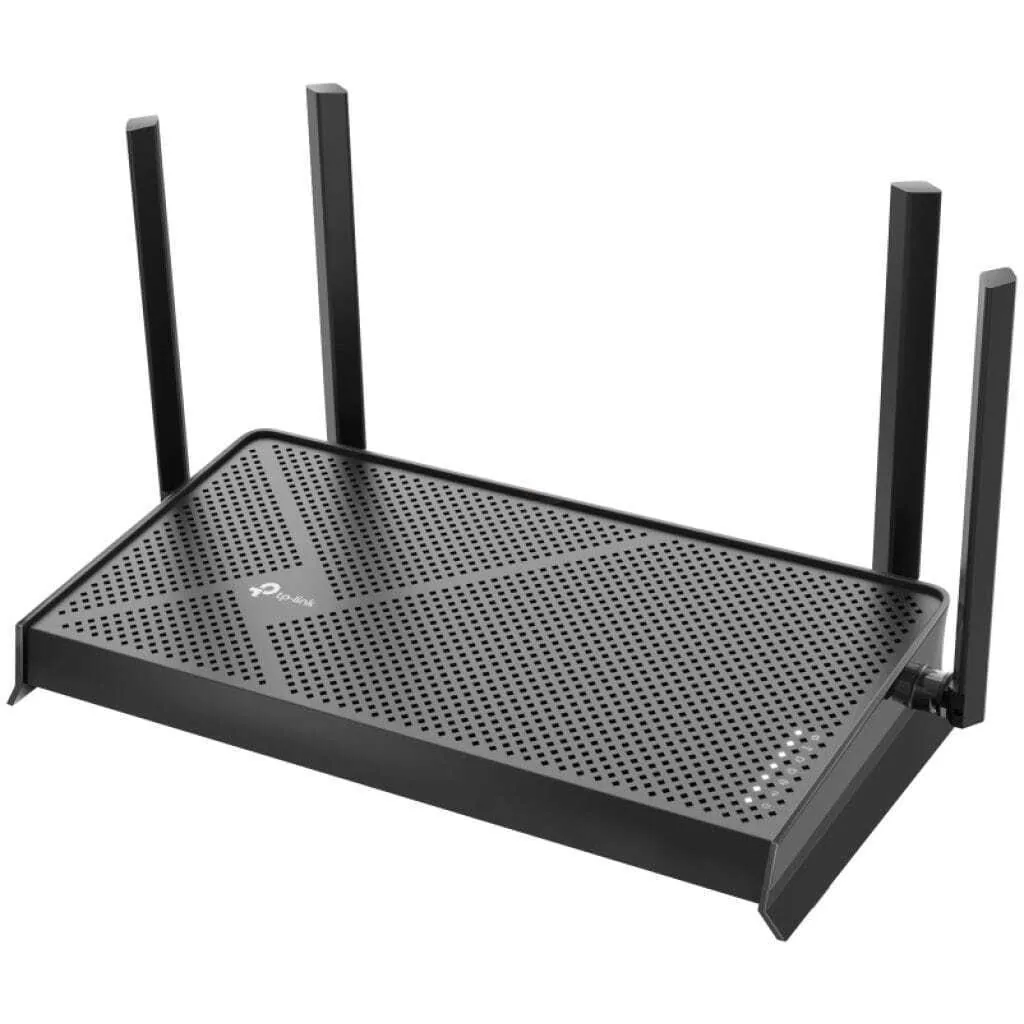 Black wireless router with four external antennas and a perforated top panel, shown on a white background (network device ready for Wi‑Fi distribution).