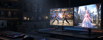 Dual-monitor gaming desk with action games on both screens; neon RGB lighting and keyboard in the foreground.