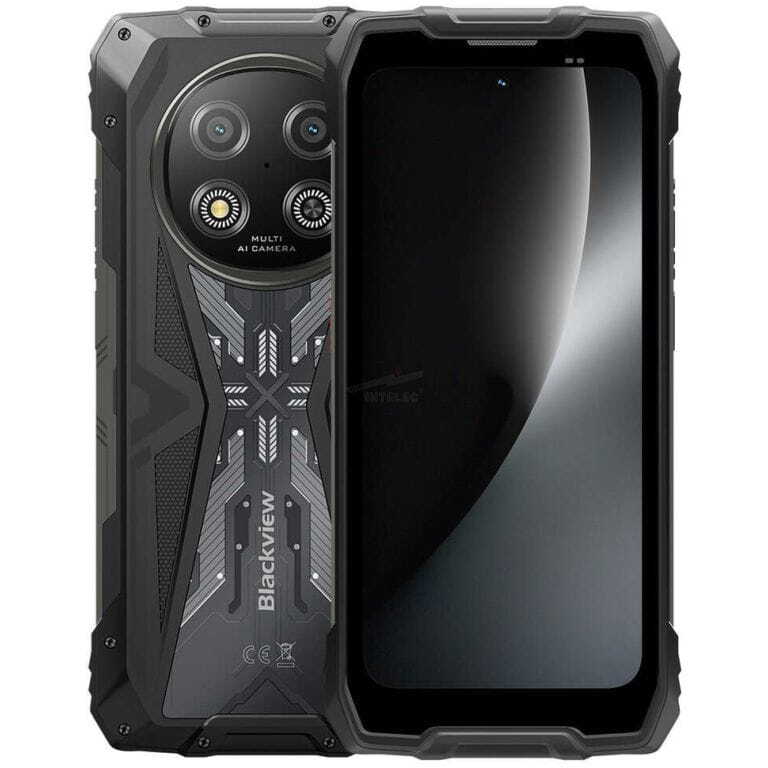 Rugged Blackview smartphone with a reinforced frame, circular triple-camera module on the back, and a patterned back panel; front shows a large edge-to-edge display.