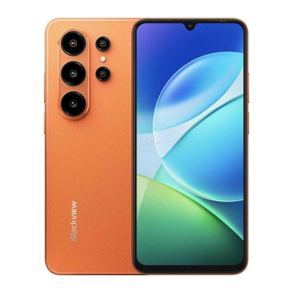 Orange Blackview smartphone shown from the back with a quad-camera module and flash on the left, and the front display on the right with a blue-green wallpaper.