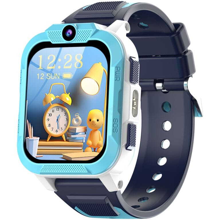 Kids' smartwatch with a blue bezel; screen shows a playful desk scene with an alarm clock, books, and a yellow toy figure.