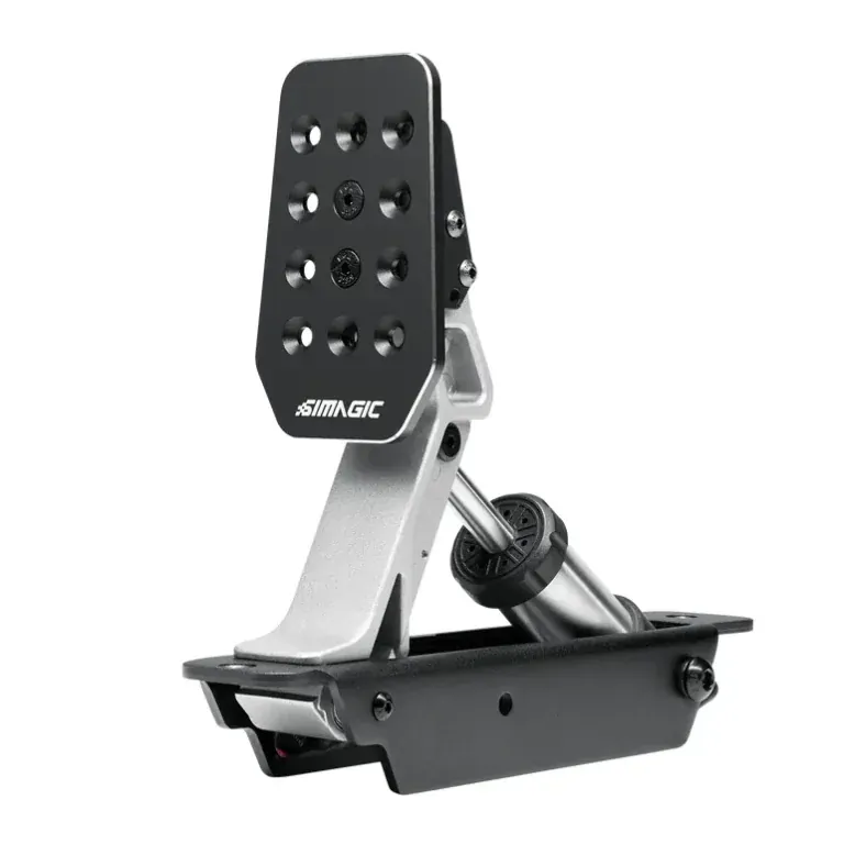 Simagic racing pedal module mounted on a silver support arm for a sim racing setup