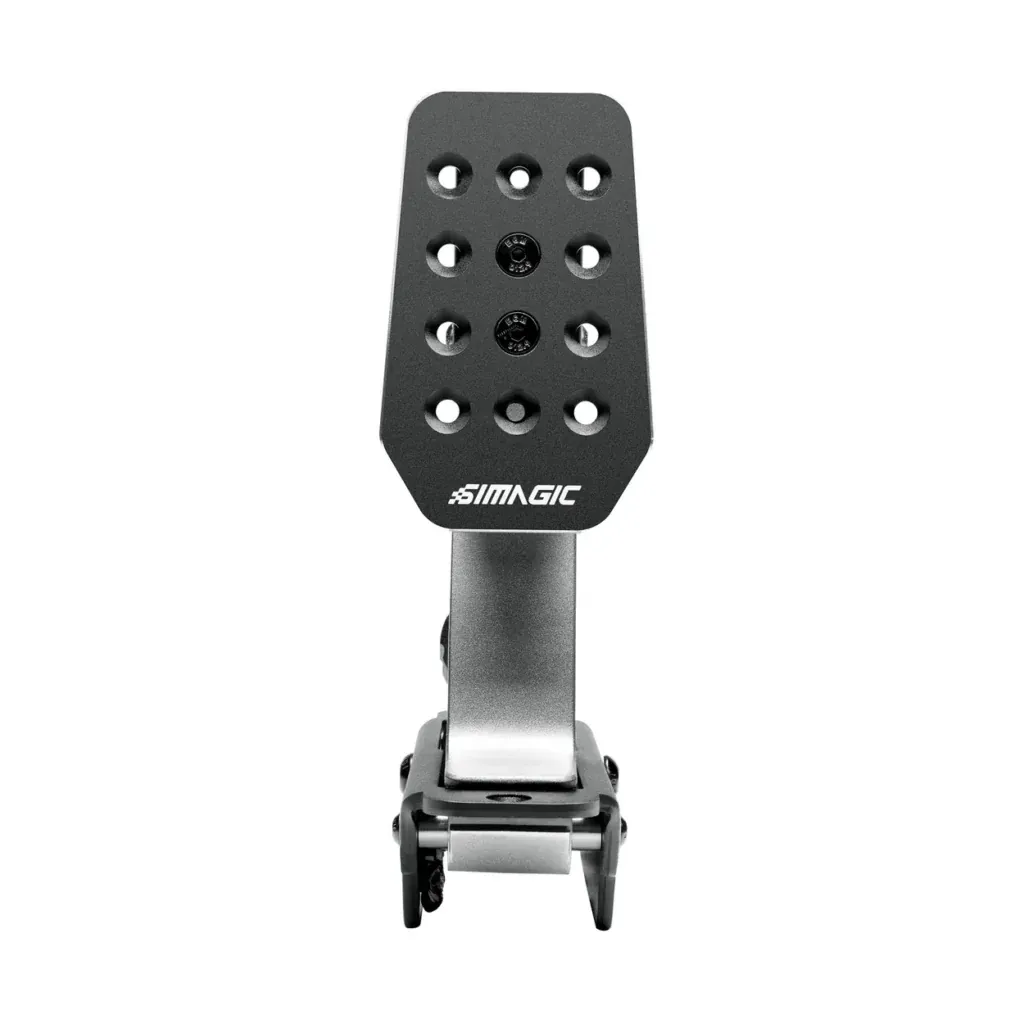 Close-up of a black SIMAGIC mounting plate with multiple round holes, attached to a silver adjustable arm on a rig.