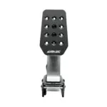 Close-up of a black SIMAGIC mounting plate with multiple round holes, attached to a silver adjustable arm on a rig.