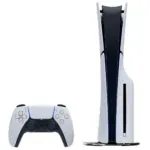 PlayStation 5 console standing upright with a white and black DualSense controller placed in front of it (product image)