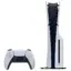 PlayStation 5 console standing upright with a white and black DualSense controller placed in front of it (product image)