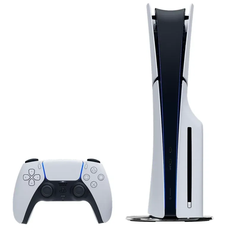 PlayStation 5 console standing upright with a white and black DualSense controller placed in front of it (product image)
