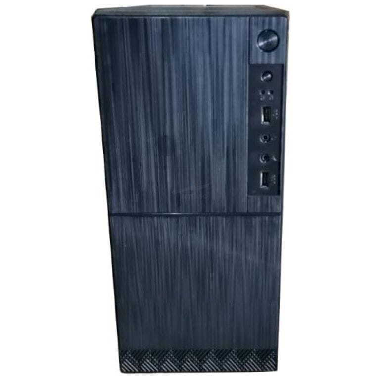 Black brushed-metal desktop computer tower with front-panel USB ports, audio jacks, and power button