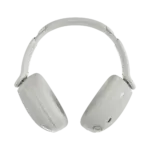 White over-ear headphones shown from a front-side angle, with cushioned ear cups and headband visible.