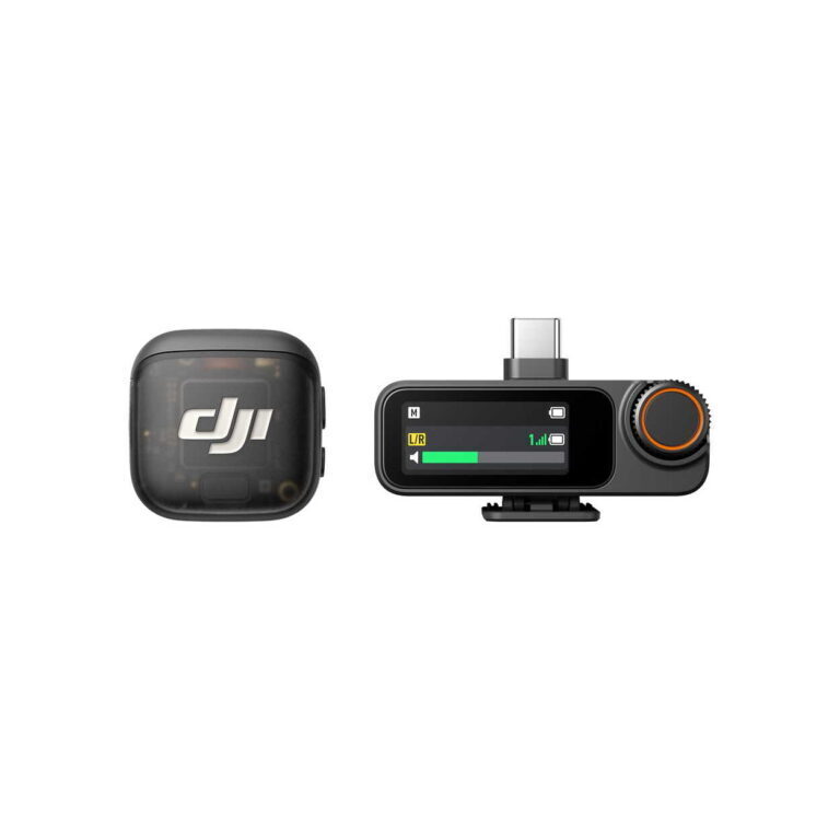 Front-right view of a black DJI action camera with an orange-ring dial and a large touchscreen, mounted on a small stand/rigid mount.
