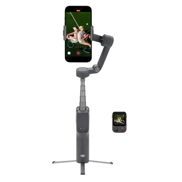 DJI handheld gimbal with phone mounted for stabilized video, tripod legs extend at bottom.