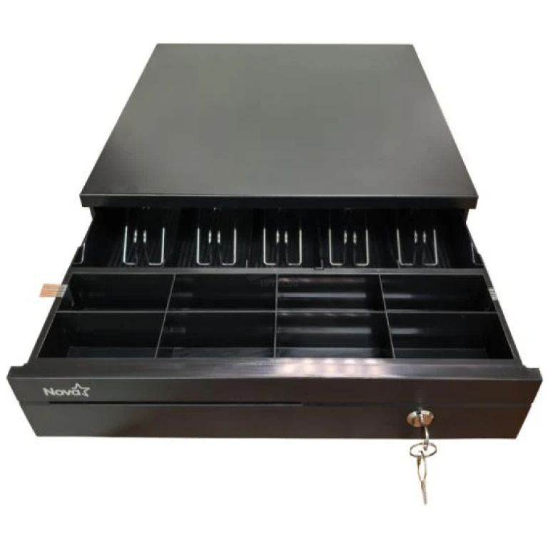 Open black cash drawer with bill and coin compartments; Nova brand, key hanging from the front lock.