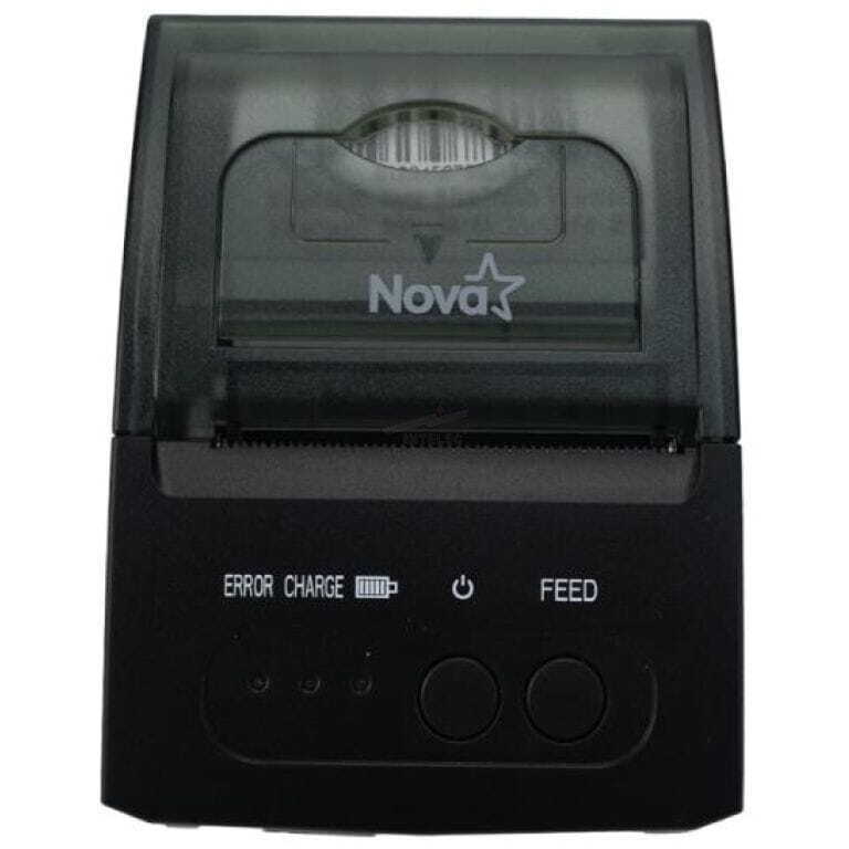 Nova portable receipt printer with a translucent lid, black body, and status indicators reading ERROR, CHARGE, FEED plus two round buttons.