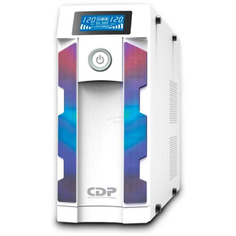 White CDP laboratory power supply with a blue digital display, circular power button, and multicolor side panels.