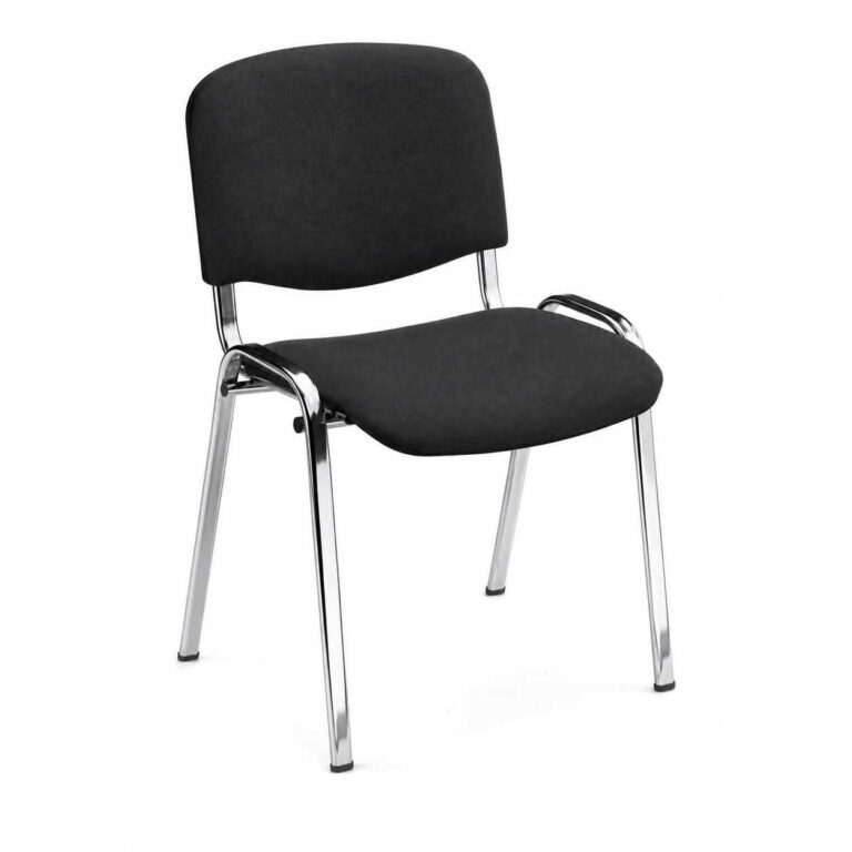 Black upholstered chair with chrome metal legs and curved armrests, viewed from a slight front angle. reframing for office seating context.