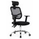 Black ergonomic office chair with mesh back, headrest, padded seat, and five-wheel chrome base.