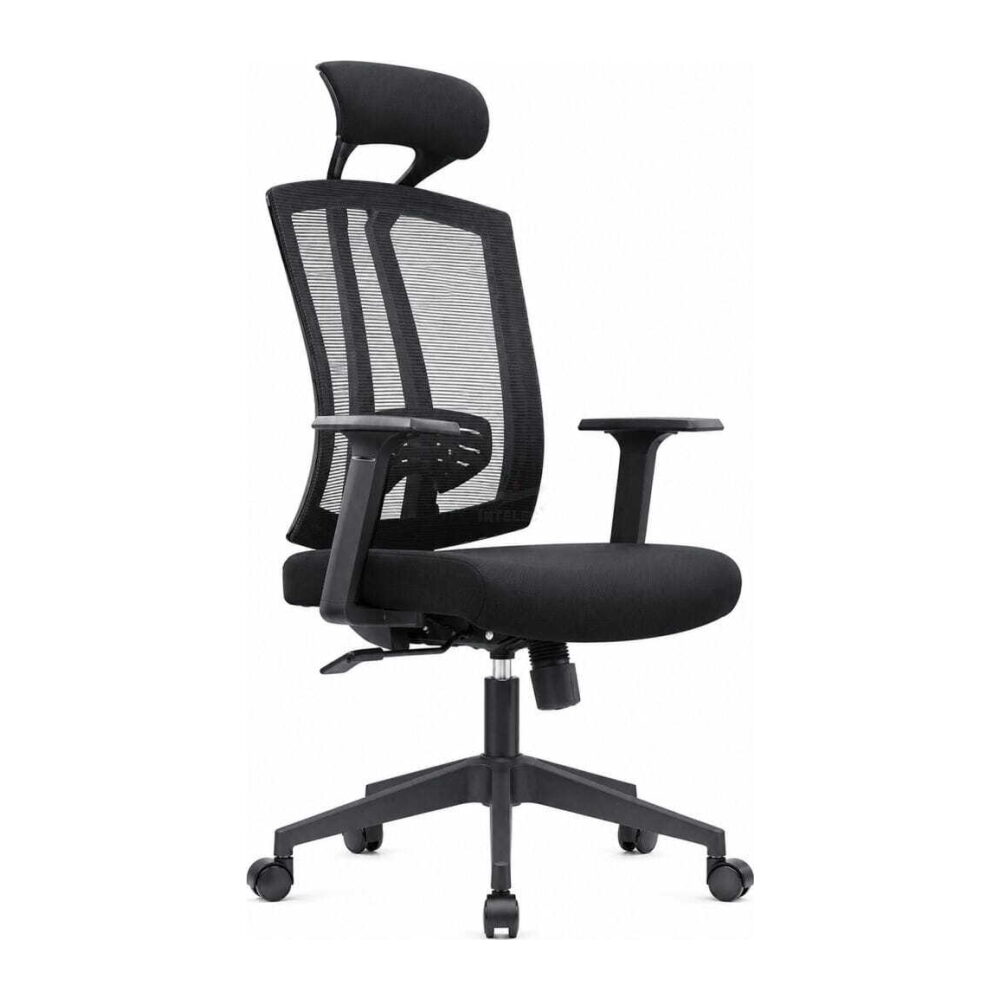 Ergonomic office chair with a mesh back, padded seat, adjustable headrest, and five wheels on a swivel base.