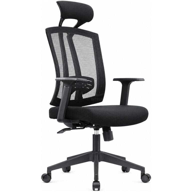 Ergonomic office chair with a mesh back, padded seat, adjustable headrest, and five wheels on a swivel base.