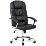 Black leather executive office chair with padded backrest and chrome five-star base on casters.