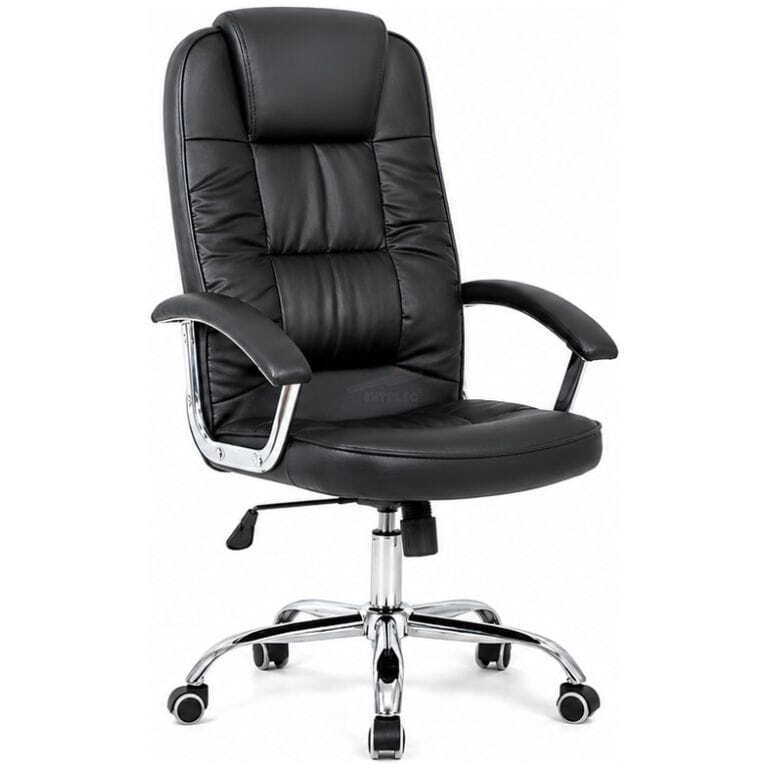 Black leather executive office chair with padded backrest and chrome five-star base on casters.
