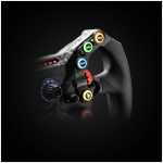 Close-up of a sim racing steering wheel with multi-colored, illuminated buttons and a red shift lever against a dark background.