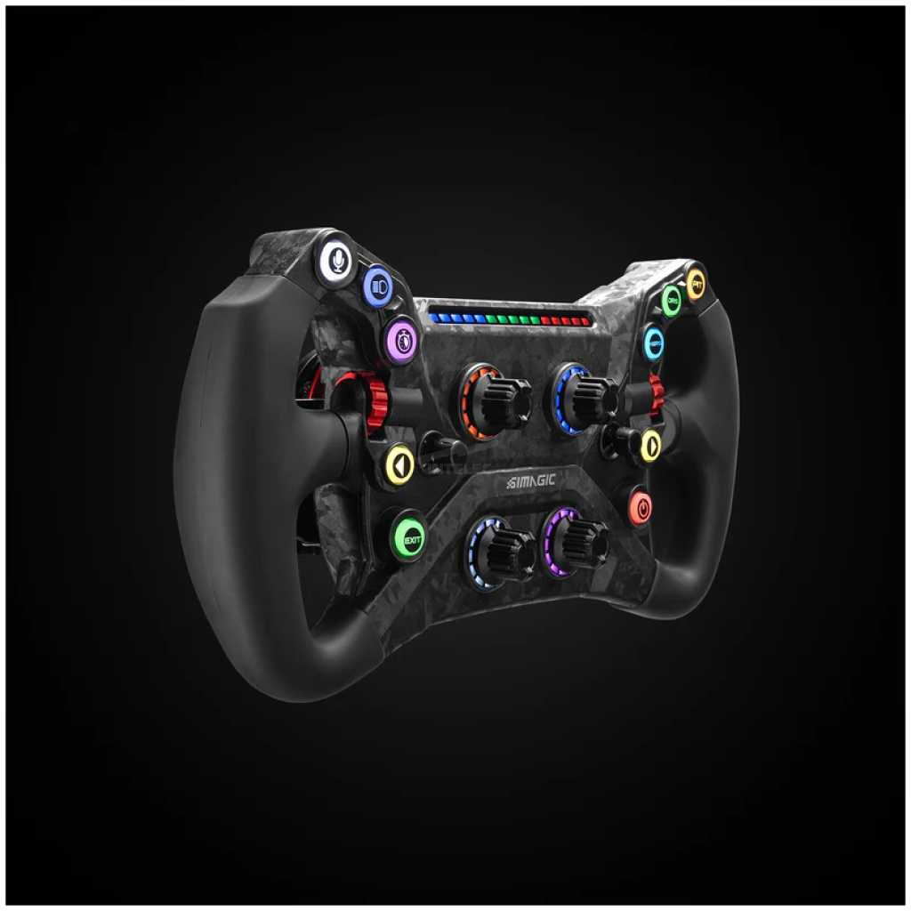 Sim racing steering wheel with illuminated colored buttons and dials on a black carbon-textured surface.”,
