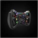 Sim racing steering wheel with illuminated colored buttons and dials on a black carbon-textured surface.”,
