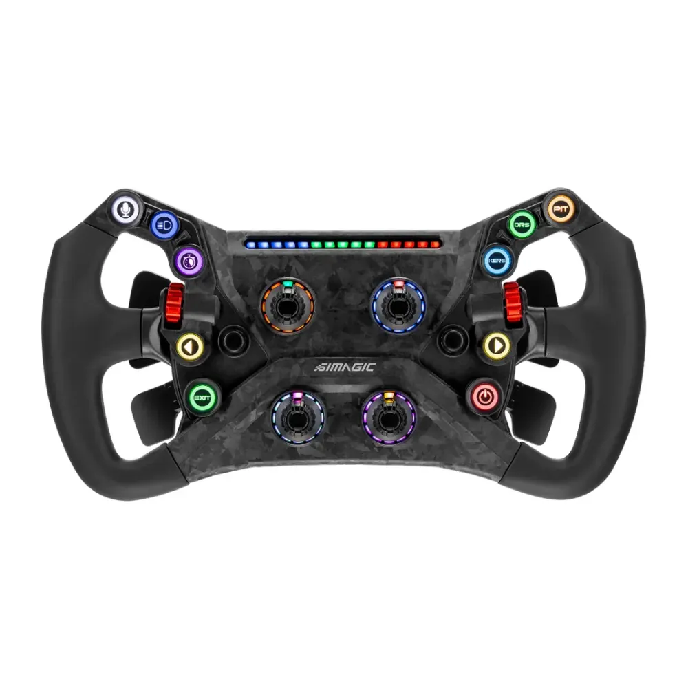 Racing wheel controller with multicolored buttons and levers, designed for gaming/flight sims (black with carbon fiber look).