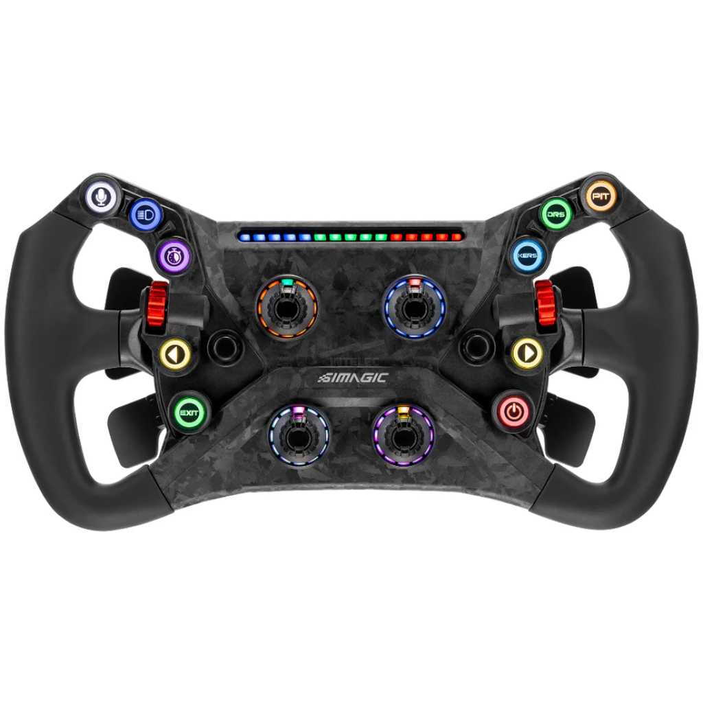 Racing wheel controller with multicolored buttons and levers, designed for gaming/flight sims (black with carbon fiber look).