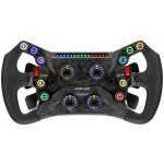 Racing wheel controller with multicolored buttons and levers, designed for gaming/flight sims (black with carbon fiber look).