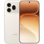 White Honor smartphone shown from back with triple-camera module in the top-left corner and brand visible, and a warm gradient display on the front.