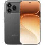 Front and back view of a dark gray Honor smartphone, showing a triple-camera rear array and a centered front display notch/hole-punch.