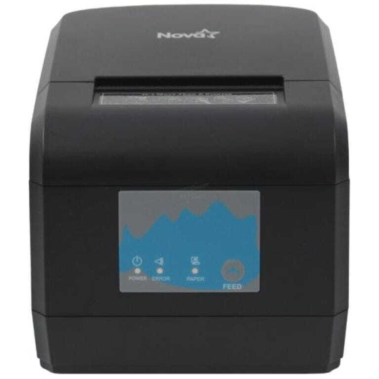 Black Novo desktop thermal printer with a blue control panel and paper feed indicators.