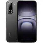 Dark gray Infinix smartphone, front and back views: edge-to-edge display and a vertical triple-camera module on the back.