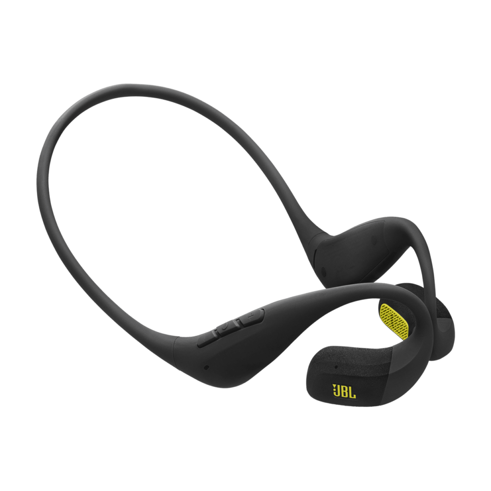 Black wireless neckband headphones with an over-ear hook and JBL logo visible on the earpiece.
