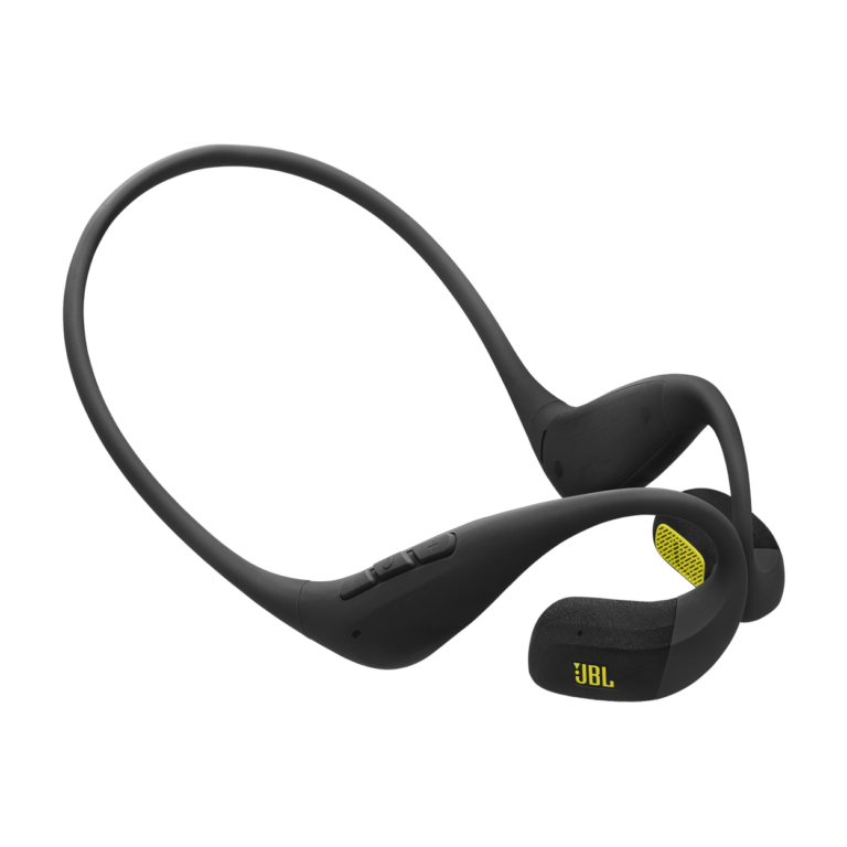 Black wireless neckband headphones with an over-ear hook and JBL logo visible on the earpiece.
