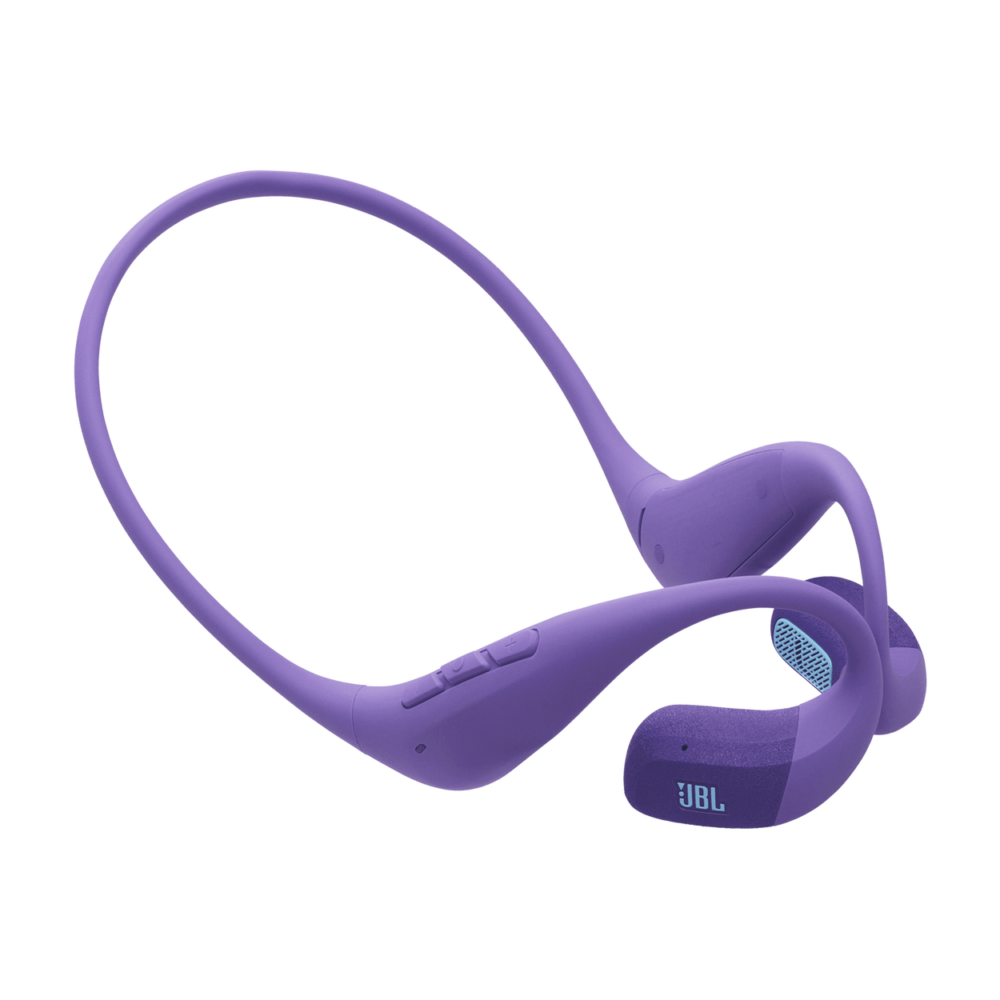 Purple JBL over-ear headphones with curved headband, partial view showing ear cup and control buttons on the headband edge