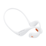 White JBL over-ear headphones, close-up of the ear cup with orange accent and logo.