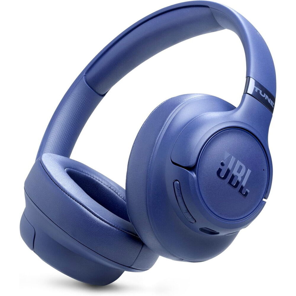 Blue JBL over-ear wireless headphones with padded ear cups.