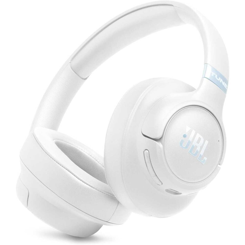 White over-ear wireless headphones with cushioned headband and ear cups, JBL logo on the ear cup