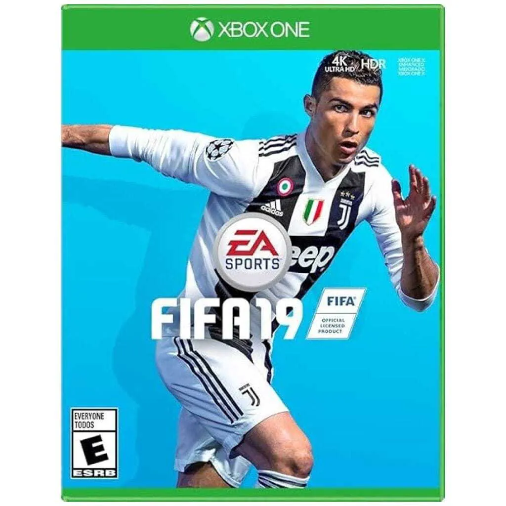 Xbox One FIFA 19 cover featuring Cristiano Ronaldo in a Juventus kit, kicking a ball against a bright blue background, with EA Sports logo and 4K HDR badges.
