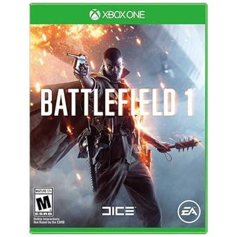 Xbox One cover art for Battlefield 1: a soldier wields a pistol amid a fiery battlefield scene with EA/DICE logos and rating icons.
